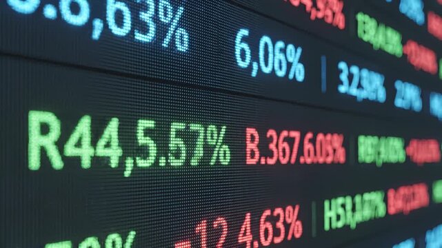 Digital stock market ticker display showing live percentages.