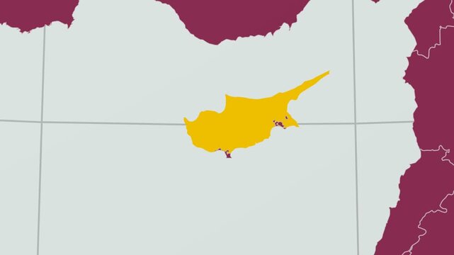 Cyprus map. Animated zoom into the country on the Globe in Pale Mint Dark Pink color palette. Country logo animation with round text and airplanes. Map with meridians, parallels. Vibrant video.