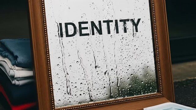 Identity word on wet glass mirror framed by wooden border with stacked clothes and medical mask symbolizing personal change and protection during difficult times