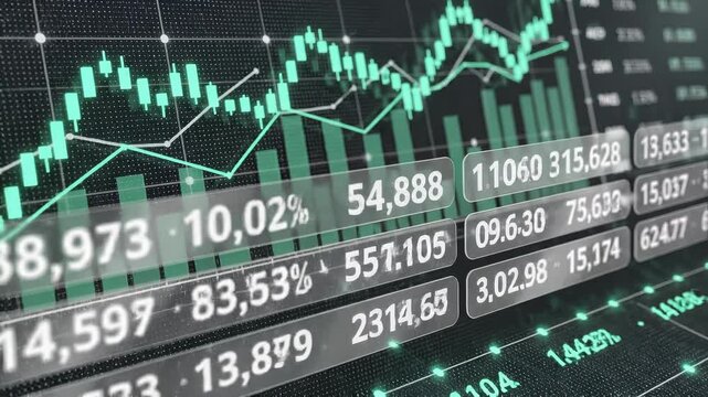 Green financial market data visualization with candlestick charts.