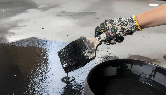 Applying Black Coating to Concrete Floor with Brush.