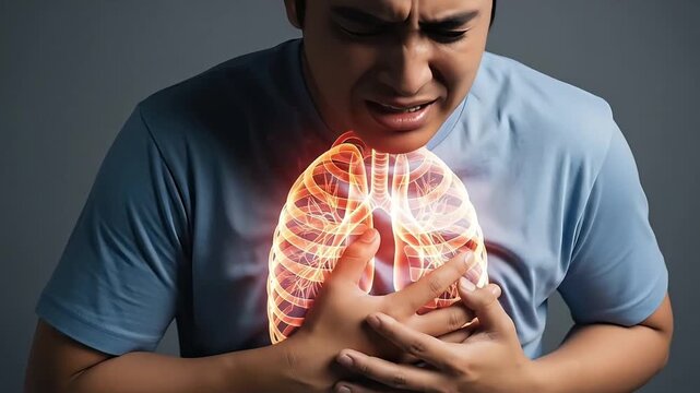 Male chest pain medical glowing lungs trachea anatomy suffering discomfort distress holding chest heart ache symptom