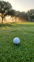 Fototapeta premium Golf ball on green course at sunrise nature photography tranquil landscape close-up view