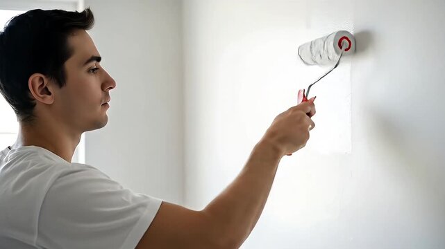 Man painting white wall with roller brush home renovation interior DIY project close up