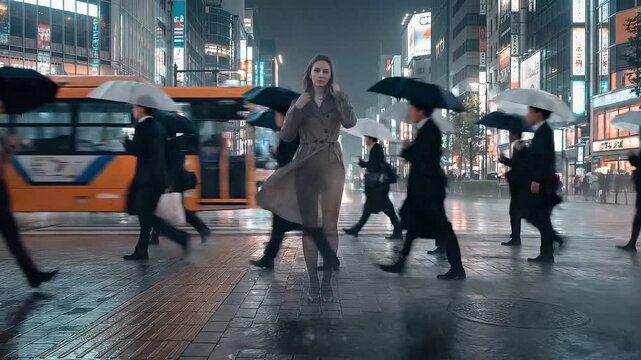 Ghostly Woman Rain Neon Street
