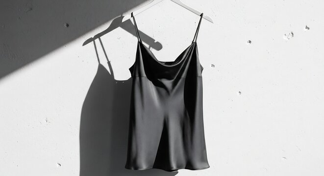 Sleek black satin camisole top with thin spaghetti straps, elegantly dd and hanging from a hanger against a textured wall with dramatic shadow play.
