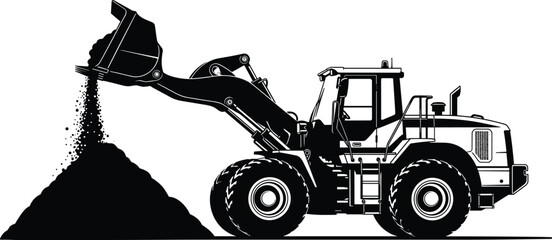 A black and white vector silhouette of a heavy duty industrial front loader tractor dumping a load of sand on a white background. © MdAnower