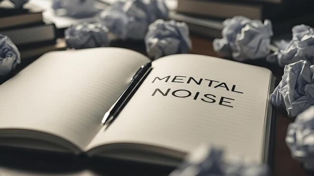 Mental Noise concept open notebook with pen and crumpled paper balls on desk representing writer's block creative struggle and overthinking
