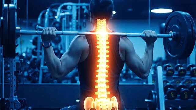 Muscular man performing barbell squat in gym with glowing spine visualization highlighting spinal health and strength training