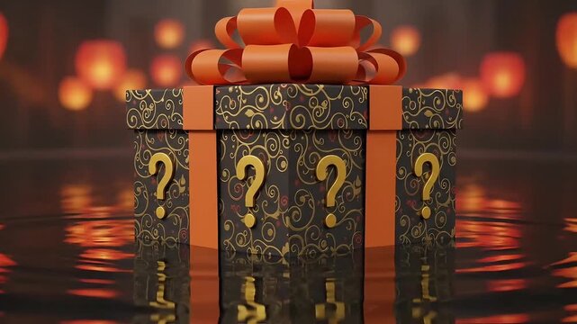 Mysterious gift box with question marks and ornate pattern on reflective surface with bokeh lights background