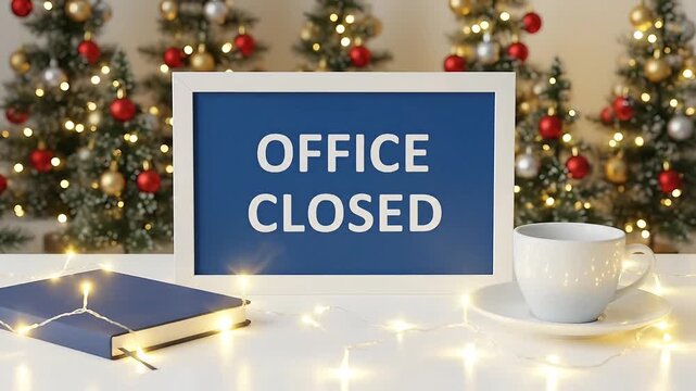 Office Closed Sign Festive Holiday Season Christmas Trees Blurred Background Warm Lights Cozy Atmosphere Business Break Seasonal Closure Announcement