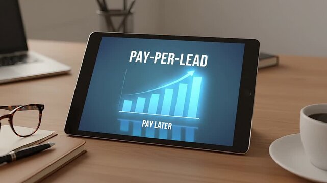 Pay Per Lead Marketing Strategy Growth Chart on Tablet Screen with Coffee and Laptop Business Office Desk