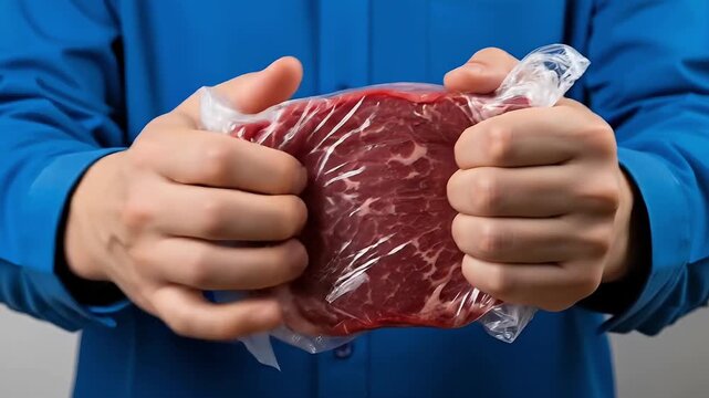 Person holding vacuum sealed raw beef steak in plastic packaging close up hands preparing meat for cooking or storage