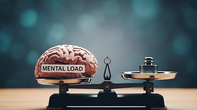 Realistic human brain labeled mental load on one side of a vintage scale with weight on the other side symbolizing stress and balance concept