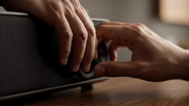 Close Up of Hands Adjusting Volume Knob on Dark Gray Soundbar on Wooden Surface in Warm Light Interior