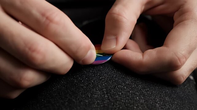 Close Up Of Hands Attaching Pride Button To Dark Clothing Featuring Rainbow Flag Symbolizing Lgbtq Community Advocacy