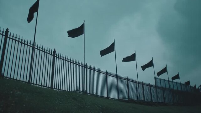 Silhouetted flags on a fence against a cloudy sky in a moody scene