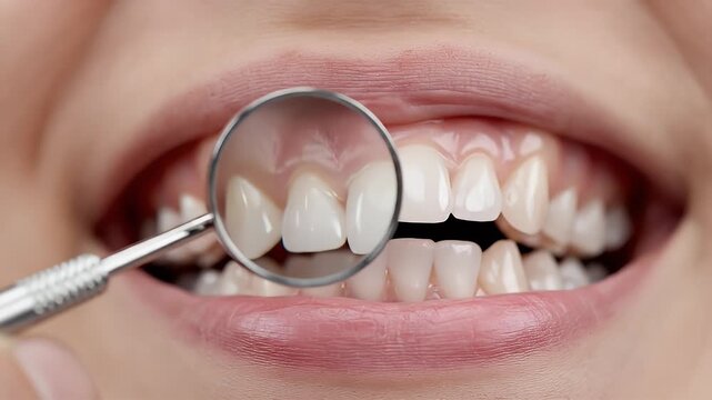 Close-Up of Healthy Teeth with Dental Mirror for Examination Mouth Care Treatment and Inspection Oral Hygiene