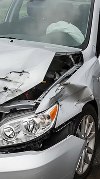 Silver car front end crumpled after collision deployed airbag smoke rising from engine compartment damaged headlight and fender showing impact evidence of accident aftermath