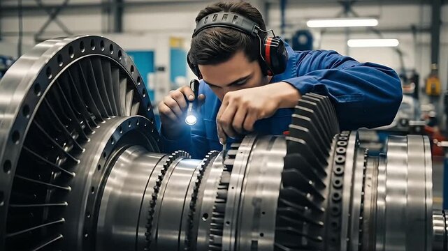 Skilled engineer inspects intricate turbine engine components with flashlight in industrial manufacturing facility
