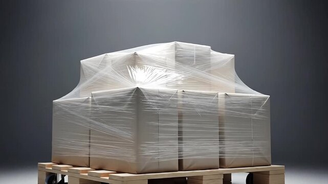 Stacked cardboard boxes secured with clear plastic wrap on a wooden pallet with wheels ready for shipping and logistics