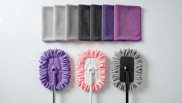 Three colorful microfiber dusters and cleaning cloths arranged on white background purple