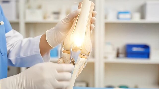 Surgeon demonstrates knee joint prosthesis implant surgery medical procedure showing artificial joint replacement detail