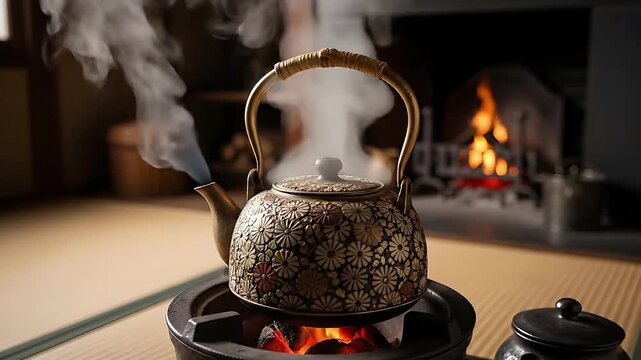 Traditional Japanese tea kettle steaming over glowing embers in a cozy hearth with a fireplace burning in the background evoking warmth and tranquility