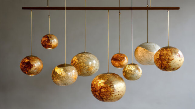 Modern pendant light fixture featuring a collection of glowing golden spherical globes, elegantly suspended to cast a warm and luxurious ambiance
