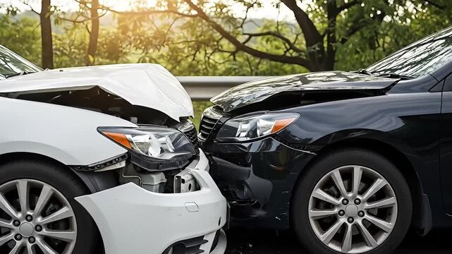 Two damaged cars after a collision on a road with trees and sunlight showing the impact and aftermath of an accident