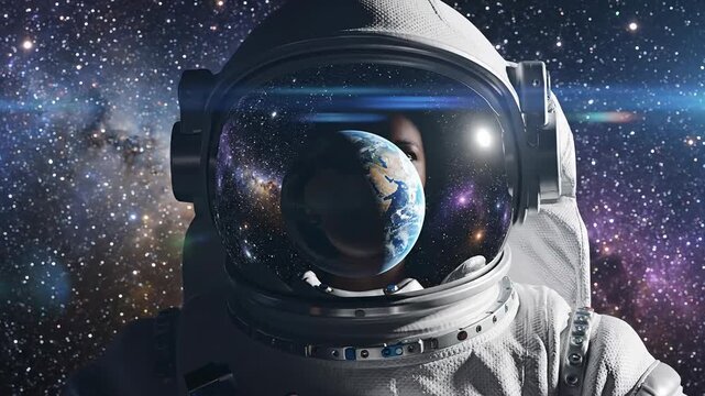 Astronaut reflects Earth and galaxy in helmet visor, exploring deep space