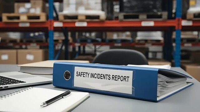 Warehouse Safety Incident Report Binder Laptop Notebook Desk Office Supplies Inventory Management Logistics Operations Compliance Documentation