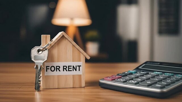 Wooden house model with key and calculator displaying for rent sign symbolizing real estate investment rental property leasing and financial planning