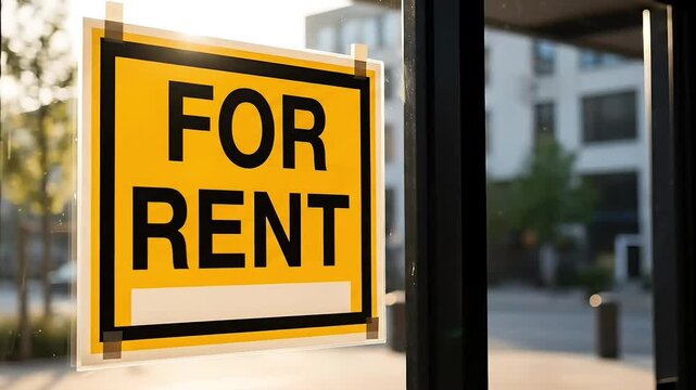 Yellow For Rent Sign On Glass Door With Blurred City Buildings And Car Outside Sunlight Reflection