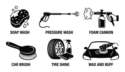 Car washing services icons for detailing and cleaning