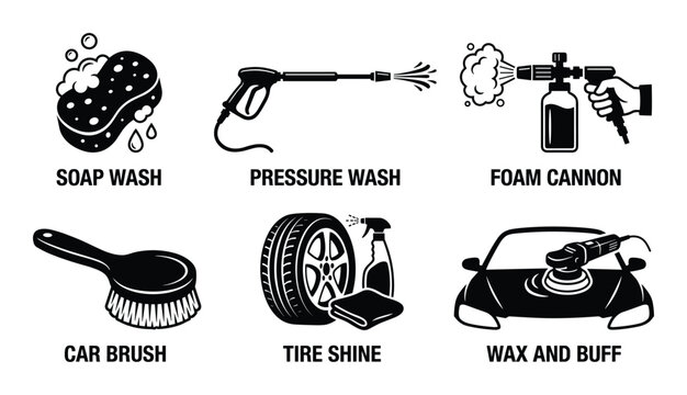 Car washing services icons for detailing and cleaning