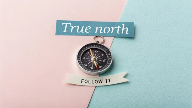 Compass pointing north on pastel paper with text