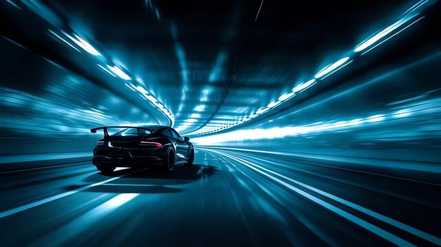 Black sports car speeding through a futuristic blue-lit tunnel with motion blur.