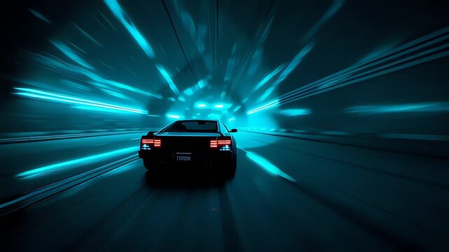 A sleek black car speeds through a futuristic tunnel illuminated by vibrant blue light streaks, creating a dynamic and high-tech visual experience.
