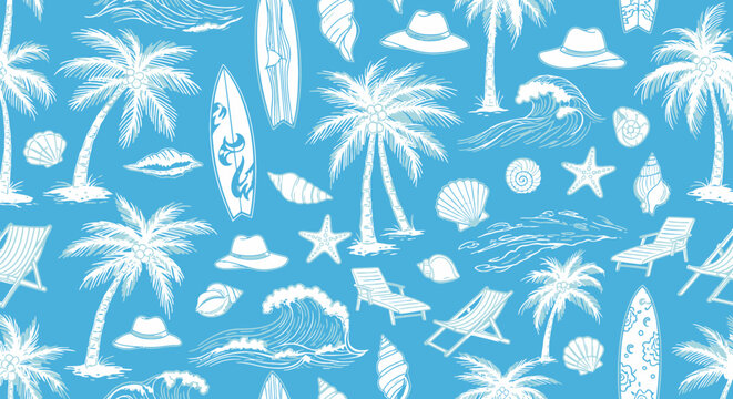 Seamless pattern featuring white palm trees, waves, surfboards, seashells, and beach chairs on a light blue background, creating a relaxing tropical summer vacation mood.