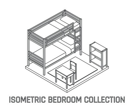 Bedroom furniture set. Bunk bed, desk, chair, shelving unit, rug. Compact living space.