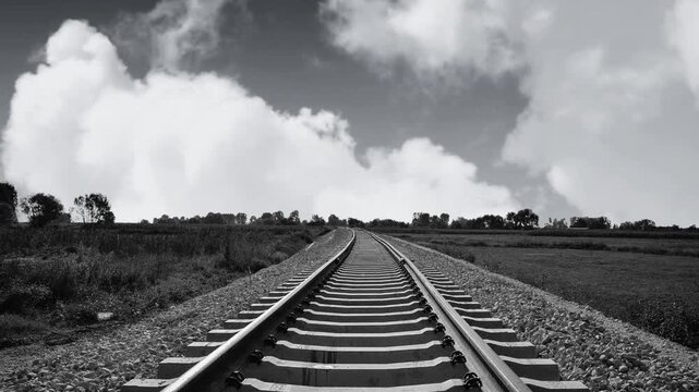Landscape View of empty Railway Track With Moving Cloud Background.