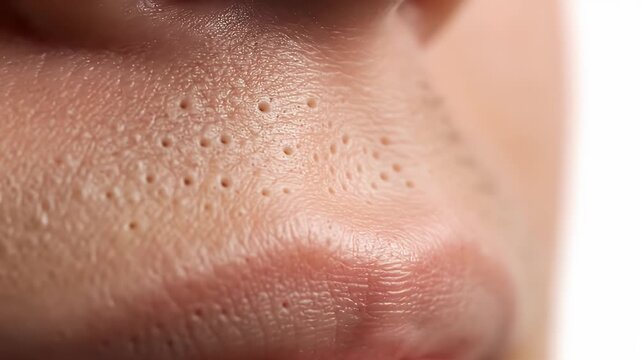 Close Up View of Skin Pores on Nose with Whitehead and Blackhead Problems Showing Texture Detail Skin Surface Issues