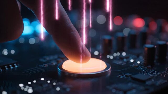 Digit presses glowing button on circuit board. Illuminated finger activates light. Bokeh backdrop