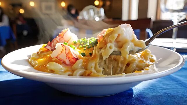 Steaming lobster mac and cheese in upscale restaurant setting