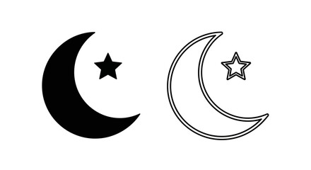 Vector black crescent moon and star icon set, one solid fill and one outline, isolated on transparent background for UI design.