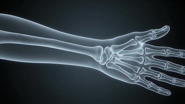 Detailed X-Ray Animation of Hand and Wrist Bones Against a Dark Background for Medical Visualization and Educational