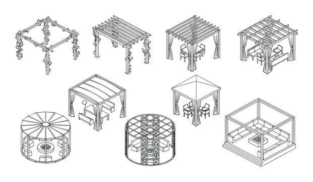 Outdoor garden pergola and gazebo architecture collection for landscape design isometric icons