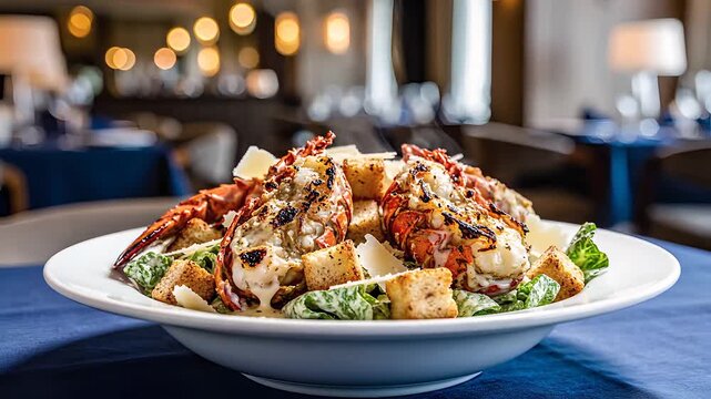 Delicious lobster Caesar salad in upscale restaurant setting