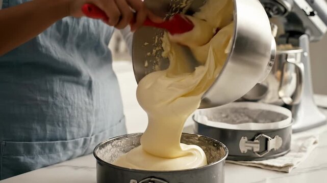 Baker pouring cake batter into a springform pan with a spatula and stand mixer